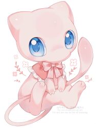 blue_eyes bow bowtie commentary full_body gen_1_pokemon highres iwasi_29 legendary_pokemon looking_at_viewer mew_(pokemon) mythical_pokemon nintendo no_humans pokemon pokemon_(creature) pokemon_focus red_bow red_bowtie simple_background solo watermark white_background