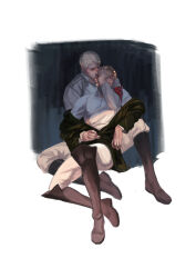 Rule 34 | 2boys, absurdres, black boots, black jacket, blonde hair, boots, border, closed mouth, facial mark, full body, hand on another&#039;s face, highres, hug, hug from behind, jacket, kogu (nue insideout), long sleeves, male focus, multiple boys, pants, porco galliard, reiner braun, shingeki no kyojin, short hair, sitting, sparse stubble, white border, white pants, yaoi