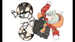 1girl absurdres black_sandals black_sweater blonde_hair blunt_bangs breasts covered_erect_nipples highres hood hoodie large_breasts long_sleeves magatama medium_hair multiple_thigh_straps naraku_(senran_kagura) necktie non-web_source official_art orange_hoodie orb pillarboxed pink_eyes red_scarf sandals scarf senran_kagura senran_kagura_burst_re:newal skirt solo striped_sleeves sweater thick_thighs thighhighs thighs white_background white_skirt white_thighhighs yaegashi_nan yin_yang zettai_ryouiki
