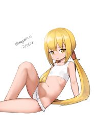 1girl absurdres bikini blonde_hair dated feet_out_of_frame flat_chest frilled_bikini frills highres kantai_collection long_hair lying maru_(marg0613) on_side one-hour_drawing_challenge ro-500_(kancolle) ro-500_(swimsuit)_(kancolle) satsuki_(kancolle) simple_background solo sports_bra swimsuit twintails twitter_username white_background white_bikini white_sports_bra yellow_eyes