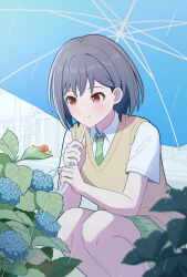 1girl bang_dream! bang_dream!_it&#039;s_mygo!!!!! blue_umbrella brown_eyes brown_sweater_vest closed_mouth collared_shirt commentary flower green_necktie green_skirt grey_hair haneoka_school_uniform highres holding holding_umbrella hydrangea necktie novi_visual plaid_clothes plaid_skirt rain school_uniform shirt short_hair skirt snail solo squatting sweater_vest symbol-only_commentary takamatsu_tomori umbrella white_shirt