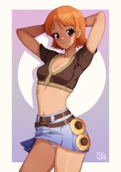1girl absurdres arms_behind_head artist_logo belt blue_skirt border breasts brown_belt brown_eyes brown_shirt closed_mouth collarbone commentary contrapposto covered_erect_nipples cowboy_shot crop_top highres light_smile logo looking_at_viewer medium_breasts midriff miniskirt nami_(one_piece) nami_(one_piece)_(enies_lobby) navel official_alternate_costume one_piece orange_hair outside_border panties pantyshot purple_background shirt short_hair short_sleeves skirt solo standing striped_clothes striped_panties thatpersonaguy underwear white_border white_panties yellow_panties