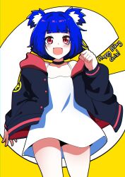 1girl :d absurdres animal_ear_fluff animal_ears anniversary arm_at_side bare_shoulders bear_ears bear_girl black_choker black_jacket black_outline blue_hair blunt_bangs blunt_ends blunt_sidelocks blush bob_cut buttons character_name choker clenched_hand collarbone commentary cowboy_shot dress english_commentary english_text eyebrows_hidden_by_hair fang flat_chest go!_go!_gris! gris_(go!_go!_gris!) hair_flaps hair_intakes hand_up happy happy_birthday highres hood hood_down hooded_jacket jacket long_eyelashes long_sleeves looking_at_viewer multicolored_jacket off_shoulder open_clothes open_hand open_jacket open_mouth outline patch pink_eyes pink_jacket pink_trim puffy_long_sleeves puffy_sleeves raised_eyebrows red_eyes red_jacket red_trim short_dress short_hair shoulder_patch sidelocks sleeveless sleeveless_dress smile solo sparkling_eyes standing star_(symbol) star_print straight-on thick_eyelashes thighs two-sided_fabric two-sided_jacket two-tone_jacket unbuttoned white_background white_dress wide-eyed yellow_background zikryzero