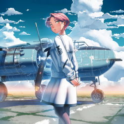 1girl aircraft airplane arms_behind_back b-25 black_pantyhose blue_sky bomber cloud day female_focus from_behind grass gun highres interlocked_fingers long_sleeves looking_at_viewer looking_back machine_gun military military_uniform military_vehicle naval_uniform neckerchief original outdoors pantyhose pavement pink_hair propeller red_hair sailor sailor_collar short_hair siqi_(miharuu) skirt sky solo sunlight turret twilight weapon world_war_ii yellow_eyes
