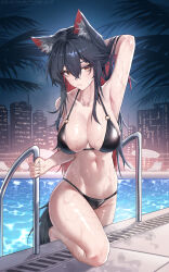 1girl absurdres alternate_costume animal_ear_fluff animal_ears arknights arm_behind_head armpits bikini black_bikini black_hair breasts collarbone colored_inner_hair commentary_request crossed_bangs hair_between_eyes highres knight_fault large_breasts looking_at_viewer multicolored_hair navel o-ring o-ring_bikini poolside red_hair solo stomach swimsuit tail texas_(arknights) two-tone_hair wolf_ears wolf_girl wolf_tail yellow_eyes
