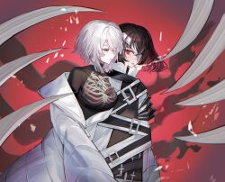Rule 34 | 2girls, bandage over one eye, bandages, black bodysuit, black hair, bochishiraita, bodysuit, cigarette, closed eyes, e.g.o (project moon), faust (project moon), hair over shoulder, highres, jacket, limbus company, mask, multiple girls, project moon, red background, red eyes, respirator, ryoshu (project moon), short hair, skeleton, smoking, thoracalgia (e.g.o), white hair, white jacket, zipper pull tab