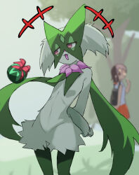 +++ 1girl :d arms_behind_back blurry blurry_background commentary_request creatures_(company) day furry game_freak highres juliana_(pokemon) looking_to_the_side meowscarada nintendo open_mouth outdoors pokemon pokemon_(creature) pokemon_sv rerendi smile tree