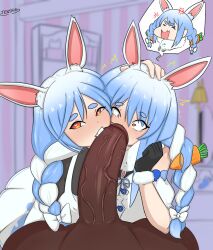 Rule 34 | 1boy, 2girls, animal ears, annoyed, arm up, artist name, bare shoulders, biting, black gloves, black shirt, blue hair, blurry, blurry background, braid, braided ponytail, carrot, constricted pupils, cooperative fellatio, cowboy shot, dark-skinned male, dark skin, dot nose, dress, eyebrows, eyelashes, fellatio, ffm threesome, fur-trimmed scarf, fur trim, gloves, group sex, hand on another&#039;s head, hands up, heart, heart-shaped pupils, hetero, highres, hololive, huge penis, indoors, interracial, irrumatio, long hair, looking afar, looking at penis, looking at viewer, low ponytail, mature female, mother and daughter, multicolored hair, multiple girls, naughty face, off-shoulder dress, off shoulder, oral, pekomama, penis, ponytail, pov, pov crotch, rabbit ears, rabbit girl, scared, scarf, sexual coaching, shirt, symbol-shaped pupils, teamwork (sexual), teeth, tenshio, thick eyebrows, threesome, twin braids, two-tone hair, uncensored, upper body, upper teeth only, usada pekora, veins, veiny penis, very dark skin, virtual youtuber, white dress, white hair, white scarf