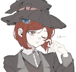 1girl belt black_hat black_jacket blue_gemstone blunt_ends bob_cut brown_eyes brown_vest buttons closed_mouth collared_jacket collared_shirt danganronpa_(series) danganronpa_v3:_killing_harmony expressionless eyelashes fingernails gem gem_hair_ornament grey_shirt hair_between_eyes hair_ornament hairclip hat hat_belt jacket lapels light_blush light_frown lips long_sleeves looking_ahead notched_lapels one_eye_closed open_clothes open_jacket red_belt red_hair rubbing_eyes seailand shirt short_hair simple_background sleeve_cuffs solo upper_body v-neck vest white_background witch_hat yumeno_himiko