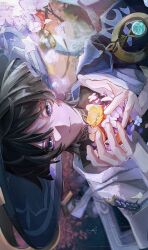 1boy anemo_symbol_(genshin_impact) aqua_gemstone black_bodysuit black_hair blue_cape blue_flower blue_hat blunt_ends bodysuit bright_pupils cape closed_mouth end_s2 eyeliner eyeshadow falling_petals flower gem genshin_impact gold hand_up hat highres japanese_clothes jingasa kimono looking_at_viewer makeup male_focus mandarin_collar open_hands outdoors petals pink_flower portrait purple_eyes purple_flower purple_rope red_eyeliner red_eyeshadow red_flower rope scaramouche_(genshin_impact) sideways smile solo tsurime vision_(genshin_impact) wanderer_(genshin_impact) white_kimono white_pupils white_trim wispy_bangs yellow_flower