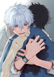 2boys 713haotititi absurdres black_hair blood blood_on_clothes blue_eyes blue_jacket cheng_xiaoshi collared_shirt hair_between_eyes highres hug injury jacket light_particles long_sleeves lu_guang male_focus messy_hair multicolored_jacket multiple_boys open_mouth shiguang_dailiren shirt short_hair simple_background upper_body watch white_background white_hair white_shirt wristwatch yaoi yellow_jacket