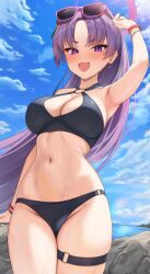 1girl absurdres armpits bikini black_bikini blue_archive blush breasts cleavage cloud cowboy_shot day eyewear_on_head flower hair_flower hair_ornament halo hayasi_iru highres large_breasts long_hair looking_at_viewer navel o-ring o-ring_bikini official_alternate_costume official_alternate_hairstyle open_mouth outdoors ponytail purple-framed_eyewear purple_hair purple_halo sky smile solo standing swimsuit thigh_strap very_long_hair yukari_(blue_archive) yukari_(swimsuit)_(blue_archive)
