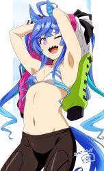 Rule 34 | 1girl, @ @, ahoge, animal ears, aqua hair, armpits, arms up, bikini, blue hair, bow, breasts, brown leggings, commentary request, cowboy shot, crossed bangs, dated, hair bow, highres, hood, hoodie, horse ears, horse girl, horse tail, leggings, looking at viewer, multicolored hair, multicolored hoodie, navel, one eye closed, open mouth, pillarboxed, purple eyes, sharp teeth, sidelocks, signature, small breasts, solo, striped bow, swimsuit, tail, teeth, tsukishiros, twin turbo (umamusume), twintails, two-tone hair, umamusume, undressing