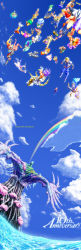 absurdres bancliff blonde_hair blue_hair blue_sky chrono_cross cloud commentary_request day draggy glenn guile_(chrono_cross) highres hoshi_no_ko imomushi_(ioment) karsh kid_(chrono_cross) leah long_hair lynx marcy_(chrono_cross) miki_(chrono_cross) multiple_boys multiple_girls nikki_(chrono_cross) outdoors poshul razzly leena_(chrono_cross) riddel serge_(chrono_cross) short_hair skelly sky harle_(chrono_cross) zoah