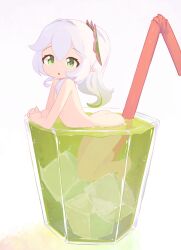 1girl absurdres ass commentary completely_nude cup drinking_glass drinking_straw english_commentary flat_chest genshin_impact green_eyes highres ice ice_cube kanbaki leaning_forward loli looking_at_viewer nahida_(genshin_impact) nude parted_lips pointy_ears simple_background solo tea white_background white_hair