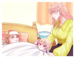 alternate_costume bed blanket child cold_pack commentary couple earrings family feather_earrings feathers gradient_hair highres hololive hololive_english if_they_mated ips_cells jewelry long_hair mori_calliope mother_and_daughter multicolored_hair multiple_girls pink_hair shirt sick siki_222 symbol-only_commentary takanashi_kiara towel towel_on_head under_covers virtual_youtuber wife_and_wife yellow_shirt