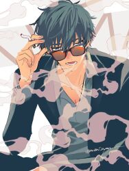 Rule 34 | 1boy, arm up, black hair, black jacket, black pants, blue shirt, cigarette, collarbone, collared shirt, commentary request, cross punisher, grey eyes, highres, holding, holding cigarette, jacket, long sleeves, lower teeth only, male focus, nameko (pixiv605672), nicholas d. wolfwood, open collar, pants, shirt, short hair, smoke, smoking, solo, suit jacket, sunglasses, teeth, trigun, twitter username, wing collar