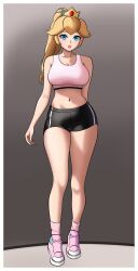 1girl blonde_hair blue_eyes breasts highres large_breasts legs looking_at_viewer mario_(series) mcarthur1010 midriff navel nintendo parted_lips pink_lips princess princess_peach shorts smile solo sports_bra sportswear super_mario_bros._1 thighs