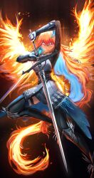 Rule 34 | 1girl, absurdres, aqua nails, armor, blue hair, breastplate, colored inner hair, commission, earrings, feather earrings, feathers, fingerless gloves, floomf, gauntlets, gloves, greatsword, greaves, hair ornament, highres, holding, holding sword, holding weapon, hololive, hololive english, jewelry, long hair, looking at viewer, multicolored hair, orange hair, phoenix wings, pink eyes, second-party source, skirt, solo, sword, takanashi kiara, takanashi kiara (knight), vambraces, very long hair, virtual youtuber, weapon