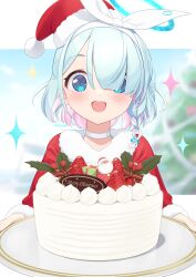1girl :d absurdres arona_(blue_archive) blue_archive blue_eyes blue_hair blue_halo blurry blurry_background blush bow_hairband box braid cake choker christmas_tree colored_inner_hair commentary_request food fruit fur-trimmed_headwear fur_trim gift gift_box hairband halo hat highres holly letterboxed looking_at_viewer merry_christmas multicolored_hair open_mouth outside_border pink_hair plate pom_pom_(clothes) red_hat santa_hat smile solo strawberry teeth tokoshibyra tongue two-tone_hair upper_teeth_only white_choker white_hairband