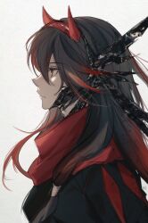 absurdres black_hair black_jacket fake_horns gradient_hair grey_background highres horns htt1821 jacket long_hair lucia:_lotus_(pgr) lucia_(pgr) multicolored_hair oni_horns punishing:_gray_raven red_eyes red_hair red_horns red_scarf scarf streaked_hair tagme