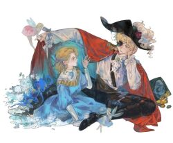 2boys aged_down androgynous ascot axis_powers_hetalia bear270901 black_pants blonde_hair blue_tunic child coat coat_on_shoulders epaulettes eyepatch fairy france_(hetalia) full_body green_eyes hair_ribbon half_updo hat hat_feather long_sleeves looking_at_another male_focus multiple_boys octopus pants pirate pirate_hat ribbon shirt short_hair simple_background sitting skull thick_eyebrows trap tunic united_kingdom_(hetalia) white_background white_shirt