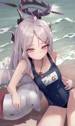 1girl absurdres bare_shoulders beach blue_archive blue_one-piece_swimsuit breasts character_name covered_navel cowboy_shot demon_girl demon_horns demon_wings duck_innertube hair_ornament halo highres hina_(blue_archive) hina_(swimsuit)_(blue_archive) horns innertube jun_daniell long_hair looking_at_viewer multiple_horns name_tag ocean official_alternate_costume old_school_swimsuit one-piece_swimsuit outdoors purple_eyes school_swimsuit small_breasts solo swim_ring swimsuit whistle whistle_around_neck white_innertube wings