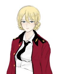 1girl anmitsu_sd arm_under_breasts blonde_hair blue_eyes braid collared_shirt darjeeling_(girls_und_panzer) dress_shirt girls_und_panzer highres jacket jacket_on_shoulders red_jacket shirt smile st._gloriana&#039;s_military_uniform upper_body white_shirt