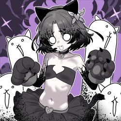 1girl animal_ears animal_hands bandeau bare_shoulders black_hair cat_(nyanko_daisensou) cat_ears cat_girl cat_tail collar colored_tips crazed_moneko_(nyanko_daisensou) diffraction_spikes ebora fang flat_chest furrowed_brow gloom_(expression) gloves grey_hair grey_skirt hair_ornament headset heart heart_hair_ornament highres looking_at_viewer microphone midriff multicolored_hair navel nyanko_daisensou o_o open_mouth pale_skin parted_bangs paw_gloves short_hair skirt solo tail upper_body