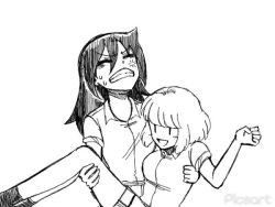 2girls :d animated arms_around_neck carrying catching closed_eyes ebe15600807 hug kuroki_tomoko long_hair looking_away looking_up monochrome multiple_girls open_mouth panicking princess_carry skirt smile sweat uchi_emiri video watashi_ga_motenai_no_wa_dou_kangaetemo_omaera_ga_warui! xd yuri