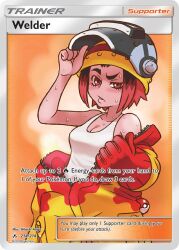 1girl ariga_hitoshi artist_name black_hair character_name copyright_name copyright_notice english_text flame_print gloves hard_hat hat helmet jumpsuit multicolored_hair nintendo official_art poke_ball poke_ball_(basic) pokemon pokemon_card pokemon_tcg red_eyes red_gloves red_hair red_jumpsuit shirt short_hair single_glove solo sweat tank_top two-tone_hair two-tone_jumpsuit welder_(pokemon) welding_mask white_shirt yellow_hat yellow_jumpsuit