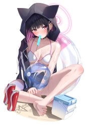 Rule 34 | 1girl, alternate costume, animal ears, ball, barefoot, beachball, black choker, blue archive, breasts, cat choker, cat ears, choker, colored inner hair, extra ears, halo, highres, kazu (kauk3753), kazusa (blue archive), multicolored hair, pink hair, pink halo, simple background, soles, solo, toes, two-tone hair, white background