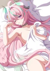 1girl absurdres ahoge aqua_hair bed_sheet blush breasts collarbone commentary_request completely_nude covering_privates cow_girl cow_horns cow_tail fingernails fuyunash1 genshin_impact hair_between_eyes highres horns large_breasts long_hair looking_at_viewer lying multicolored_hair nude nude_cover on_back one_eye_closed parted_lips pink_hair purple_eyes solo streaked_hair tail tail_censor varesa_(genshin_impact) very_long_hair