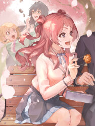 1boy 3girls black_overskirt blazer blonde_hair blue_ribbon blue_skirt brown_hair bug cherry_blossoms chicken_(food) chopsticks commentary_request crypthiyama falling_petals food fried_chicken fujita_kotone gakuen_idolmaster green_hair hanami_saki hatsuboshi_gakuen_school_uniform highres idolmaster jacket long_hair long_sleeves multiple_girls neck_ribbon on_bench out_of_frame outdoors petals pink_jacket producer_(idolmaster) ribbon scared school_uniform shirt sitting skirt smile surprised tears tsukimura_temari white_shirt