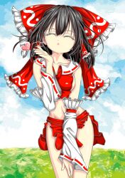 1girl absurdres black_hair blowing_kiss breasts closed_eyes hair_ribbon hakurei_reimu hand_on_knee hand_on_own_knee heart highres japanese_clothes legs medium_breasts medium_hair midriff miko navel ponytail puckered_lips ribbon sideboob skirt solo thighs touhou