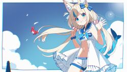 Rule 34 | 1girl, absurdres, ahoge, animal ear fluff, animal ears, bare arms, bikini, blonde hair, blue eyes, blue hair, blue neckerchief, blue sky, blue streaks, border, bow, bowtie, buttons, cat ears, chromatic aberration, cloud, cloudy sky, commentary, cowboy shot, crab, dress, falling petals, fins, fish girl, fish tail, floating hair, frilled dress, frills, grin, hair bow, hair ornament, hands up, highleg, highleg bikini, highres, indie virtual youtuber, leaning forward, lens flare, lifebuoy hair ornament, lighthouse, long hair, looking at viewer, low twintails, multicolored hair, navel, neckerchief, one side up, outdoors, outside border, paper boat, petals, rojogarnina, sailor collar, sameko saba, scrunchie, short shorts, shorts, sky, smile, solo, streaked hair, sunlight, swimsuit, tail, twintails, unbuttoned, very long hair, virtual youtuber, waving, white border, white dress, white petals, white shorts, wrist scrunchie
