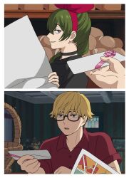 1boy 1girl bakery basket black_dress blonde_hair border bouquet bow bread collared_shirt commentary cosplay dress dress_shirt envelope eyelashes flower food giving green_hair hair_between_eyes highres holding holding_envelope holding_letter holding_map indoors jitome kiki_(majo_no_takkyuubin) kiki_(majo_no_takkyuubin)_(cosplay) land_(sousou_no_frieren) letter light_smile loaf_of_bread long_hair looking_ahead looking_at_viewer looking_to_the_side majo_no_takkyuubin map painting_(object) parody parted_lips pink_bow pink_ribbon pov pov_hands purple_eyes reading red_shirt ribbon scene_reference shelf shirt shop short_sleeves side_ponytail sousou_no_frieren syaparinton tombo_(majo_no_takkyuubin) tombo_(majo_no_takkyuubin)_(cosplay) ubel_(sousou_no_frieren) white_border yellow_eyes
