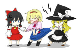 Rule 34 | 3girls, alice margatroid, anger vein, angry, annoyed, blonde hair, blush, chibi, female focus, hakurei reimu, kirisame marisa, lysander z, multiple girls, tears, touhou, whitenote