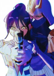 2girls aiming aiming_at_viewer blue_bodysuit bodysuit commentary_request covered_mouth epaulettes finger_on_trigger glint gun gundam gundam_gquuuuuux hair_between_eyes hair_bun handgun hands_on_another&#039;s_shoulders helmet highres holding holding_gun holding_weapon kycilia_zabi looking_at_viewer mask mecha_pilot_suit mouth_mask multiple_girls normal_suit_(gundam) nyaan_(gundam_gquuuuuux) outstretched_arms purple_hair rendaaa_fe simple_background single_hair_bun small_sweatdrop upper_body weapon white_background yellow_eyes zeon
