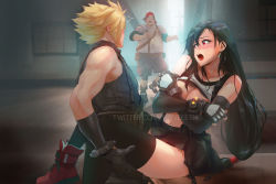 1girl 2boys armor bandana black_hair black_thighhighs blonde_hair blush bracelet breasts caught clothes_lift cloud_strife couple covering_privates covering_breasts detached_sleeves earrings embarrassed final_fantasy final_fantasy_vii final_fantasy_vii_remake fingerless_gloves gloves hetero indoors jewelry large_breasts long_hair looking_at_another midriff multiple_boys navel open_mouth red_bandana red_eyes red_footwear seventh_heaven shirt shirt_lift shorts shoulder_armor sitting skirt sleeveless sleeveless_turtleneck spiked_hair spykeee square_enix standing surprised suspender_skirt suspenders thighhighs tifa_lockhart turtleneck twitter_username walk-in watermark wedge_(ff7) zettai_ryouiki