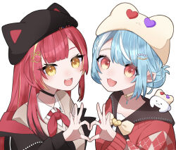 2girls animal_hat black_choker black_hair black_hat blonde_hair blue_hair blush bow bowtie cat_hat choker collared_shirt fang hair_ornament hanase hat heart heart_hands heart_hands_duo highres long_hair looking_at_viewer multicolored_hair multiple_girls nekota_tsuna open_mouth orange_eyes red_bow red_bowtie red_hair shiranami_ramune shiranami_ramune_(2nd_costume) shirt skin_fang streaked_hair sweater_vest teeth two-tone_hair upper_teeth_only virtual_youtuber vspo! white_background white_choker white_hair white_hat white_shirt yellow_eyes