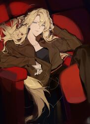 1girl animal_ears arknights black_shirt blonde_hair blue_eyes brown_jacket brown_pants closed_mouth collarbone commentary corrupted_twitter_file curtained_hair dog_ears dog_girl droopy_ears earrings hair_between_eyes hair_ornament highres indoors jacket jewelry joshua_(shisanli934) kristen_(arknights) long_hair long_sleeves looking_at_viewer movie_theater multiple_rings open_clothes open_jacket pants ring shirt sitting solo symbol-only_commentary theater_seating