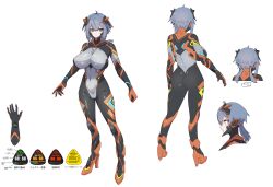 1girl absurdres ahoge ass blue_hair bodysuit breasts character_name colossus_(natsukaze_shigure) covered_erect_nipples covered_navel full_body giant giantess green_eyes grey_hair hexagon_print high_heels highres huge_breasts impossible_bodysuit impossible_clothes large_breasts looking_at_viewer magical_girl multiple_views natsukaze_shigure original reference_sheet science_fiction short_hair simple_background skin_tight standing textless_version turnaround variant_set white_background