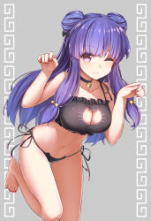 1girl barefoot bell black_bra black_panties bra breasts cat_cutout cat_lingerie cleavage cleavage_cutout clothing_cutout collar collarbone double_bun female_focus hair_bell hair_bun hair_ornament highres jingle_bell large_breasts long_hair looking_at_viewer meme_attire nail_polish navel neck_bell ninnzinn one_eye_closed panties paw_pose pink_eyes purple_hair ranma_1/2 shampoo_(ranma_1/2) side-tie_panties sidelocks simple_background solo standing standing_on_one_leg underwear