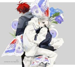 2boys ahoge aotsuki_eito artist_name back-to-back black_gloves black_pants blue_flower bug butterfly closed_eyes commentary english_commentary english_text feet_out_of_frame flower gloves grey_hair grey_hoodie hood hoodie hug insect letterboxed male_focus multiple_boys pants red_hair short_hair sijia_(jd5vlp) spoilers sumino_takumi sunglasses the_hundred_line_-last_defense_academy- white_background white_pants