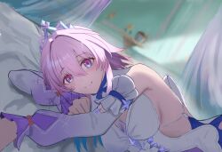 1girl absurdres blue_dress blue_eyes blush breasts closed_mouth clothing_cutout commentary_request detached_sleeves dress gradient_sleeves highres honkai:_star_rail honkai_(series) long_sleeves looking_at_viewer lying march_7th_(honkai:_star_rail) march_7th_(nascent_spring)_(honkai:_star_rail) medium_breasts medium_hair multicolored_dress multicolored_eyes official_alternate_costume on_bed on_side pink_eyes pink_hair purple_sleeves sideboob signature smile solo tiara two-tone_eyes white_dress white_sleeves yasaka_sei