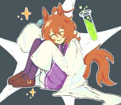 1girl ^_^ agnes_tachyon_(umamusume) ahoge animal_ears brown_hair closed_eyes commentary ear_ornament highres horse_ears horse_girl horse_tail kneehighs lab_coat loafers moonahue pleated_skirt purple_sailor_collar purple_skirt purple_socks sailor_collar school_uniform shoes sitting skirt sleeves_past_fingers sleeves_past_wrists smile socks solo tail test_tube tracen_school_uniform umamusume