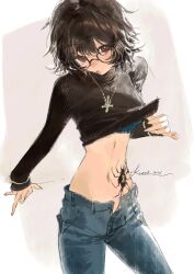 Rule 34 | 1girl, absurdres, black-framed eyewear, black hair, blue pants, brown eyes, clothes lift, denim, glasses, highres, hunter x hunter, inverted cross necklace, jeans, kurikabacha, looking at viewer, messy hair, navel, open fly, pants, shirt lift, shizuku murasaki, short hair, solo, spider tattoo, stomach tattoo, tattoo