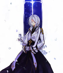 Rule 34 | 1boy, arch bishop (ragnarok online), black coat, closed mouth, coat, commentary request, cowboy shot, cropped jacket, cross, cross necklace, expressionless, flower, gloves, jacket, jewelry, long sleeves, looking at viewer, male focus, medium hair, necklace, ragnarok online, red eyes, rose, solo, wane (ruki), white flower, white gloves, white hair, white jacket, white rose, window