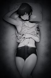 1boy absurdres arm_tattoo armpits bulge choker closed_eyes earrings erection erection_under_clothes highres in_(ain) jewelry lying male_focus midriff monochrome navel on_back on_bed original penis penis_peek precum short_hair shorts sleeping tank_top tattoo trap wet_dream